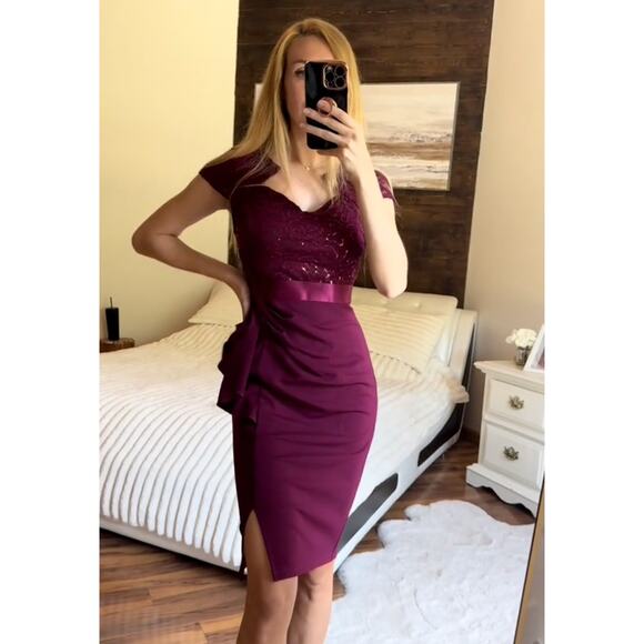 Miusol Dresses & Skirts - NWT MIUSOL Sequin Party Cocktail Midi Dress L Sweetheart Neck Cap Sleeve Maroon